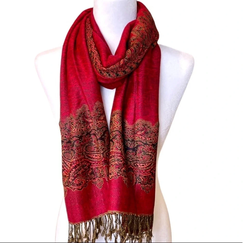 RED Pashmina Style Border Pattern Scarf/ Shawl NEW